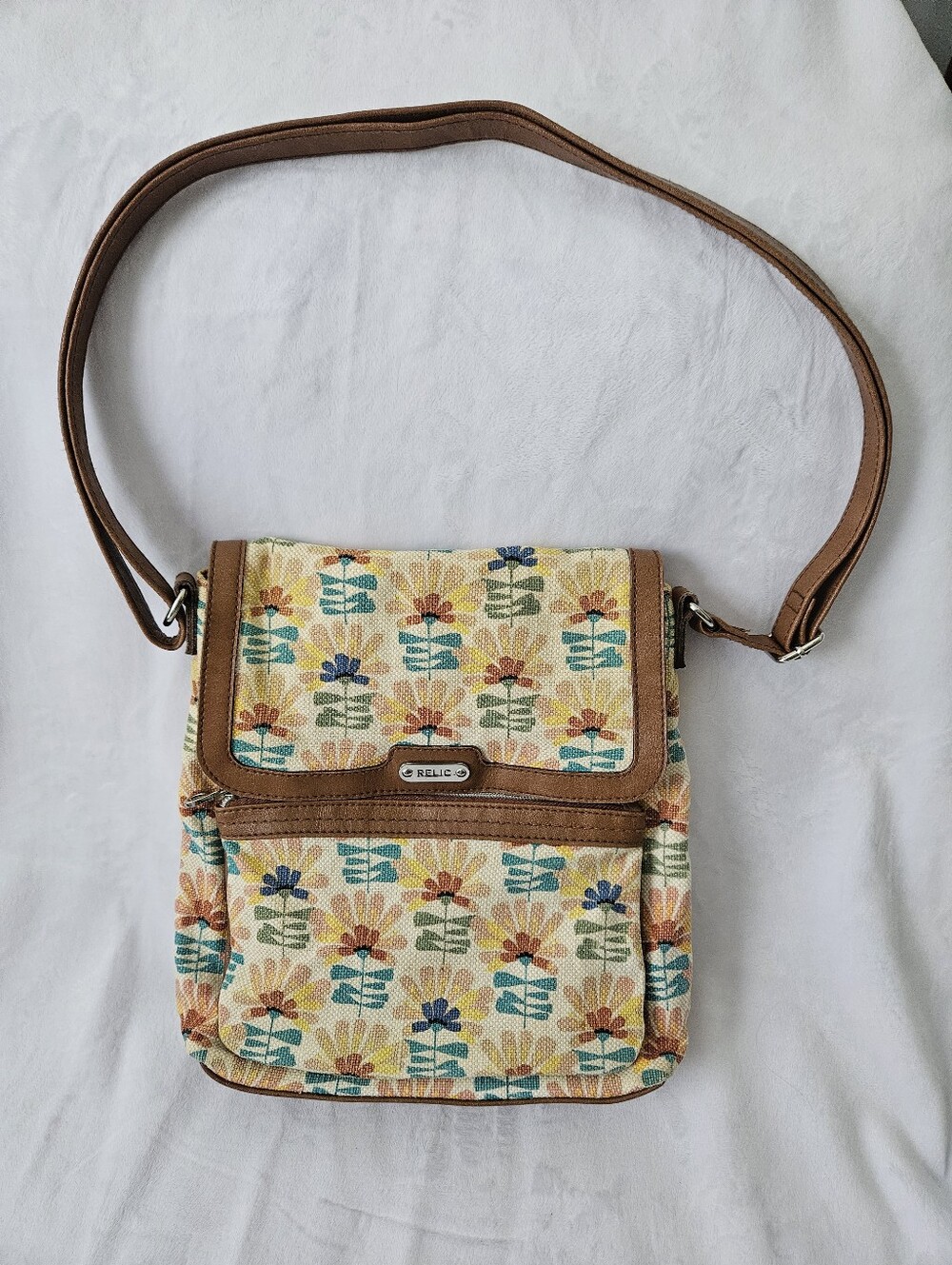 Relic Multicolor Floral Crossbody with Brown Trim